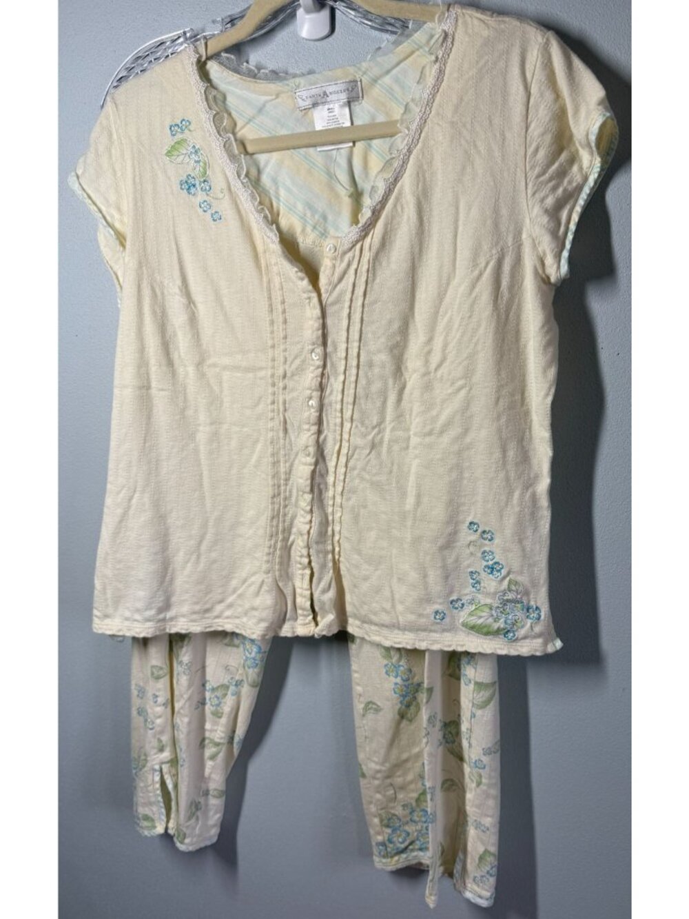 Earth Angels Womens Small Pajama Set Yellow Floral Lounge Sleepwear Soft PJs